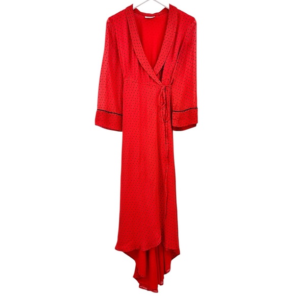 GANNI Mullin Georgette Red Aymmetric Polka Dot Long Sleeve Wrap Midi Maxi Dress - Picture 5 of 16